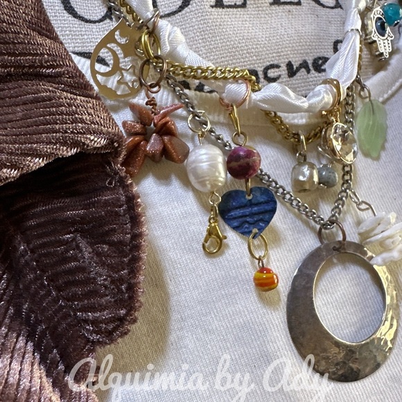 Rags and Shell pearl goldstone silver statement layered multi charms necklace